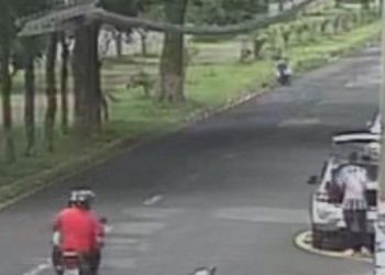Vídeo: Em avenida com remendos no Distrito Industrial, motociclista perde controle da moto e é arremessado