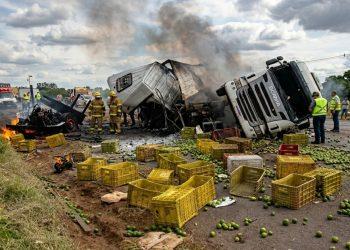 Dois caminhões pegam fogo após colisão e deixam feridos na Rodovia Cândido Portinari, em Batatais